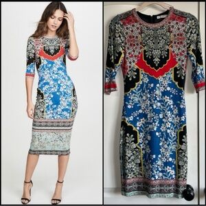 Blue Floral Sheath Dress with Red & Black Accents